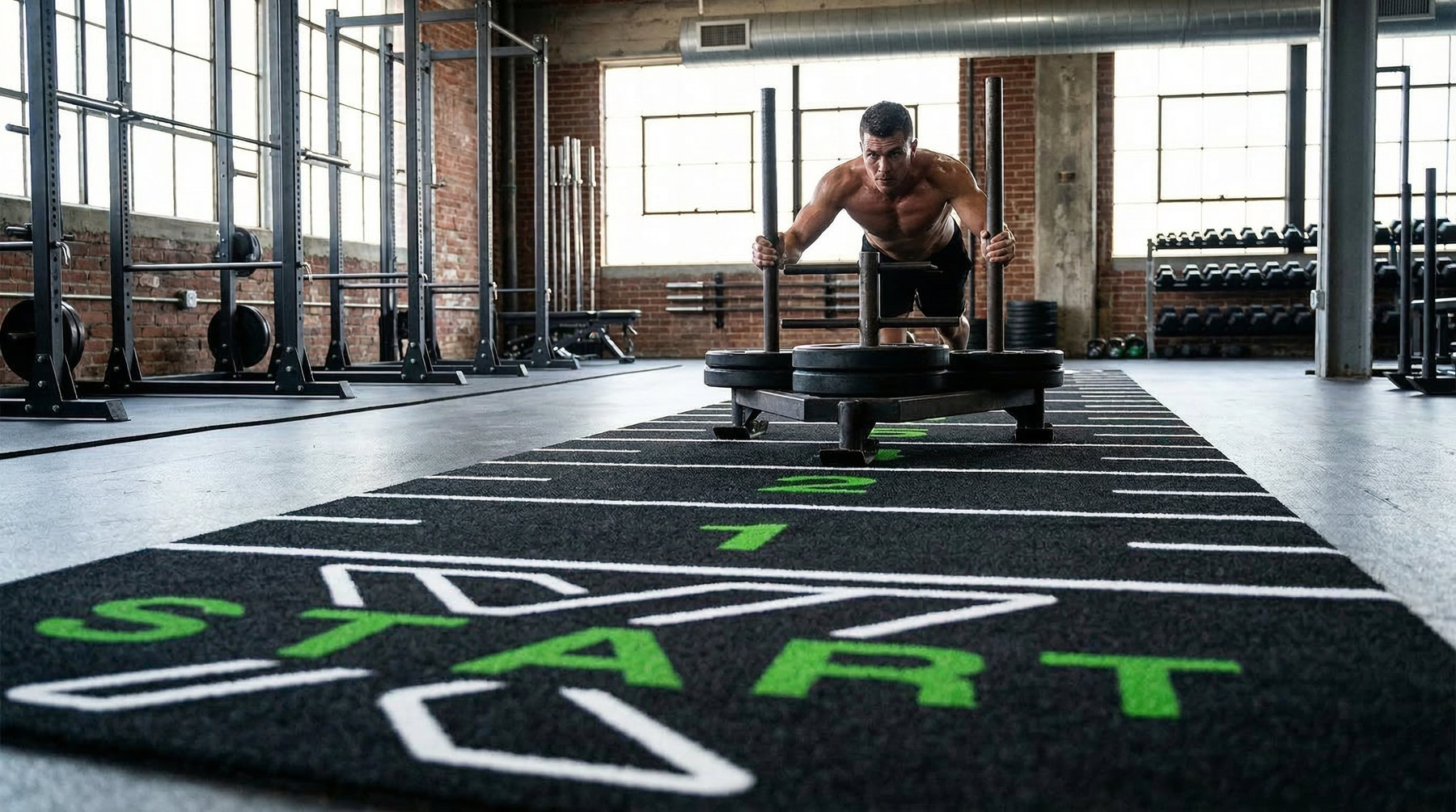 Gimnasio con carril funcional de césped negro y atleta empujando trineo