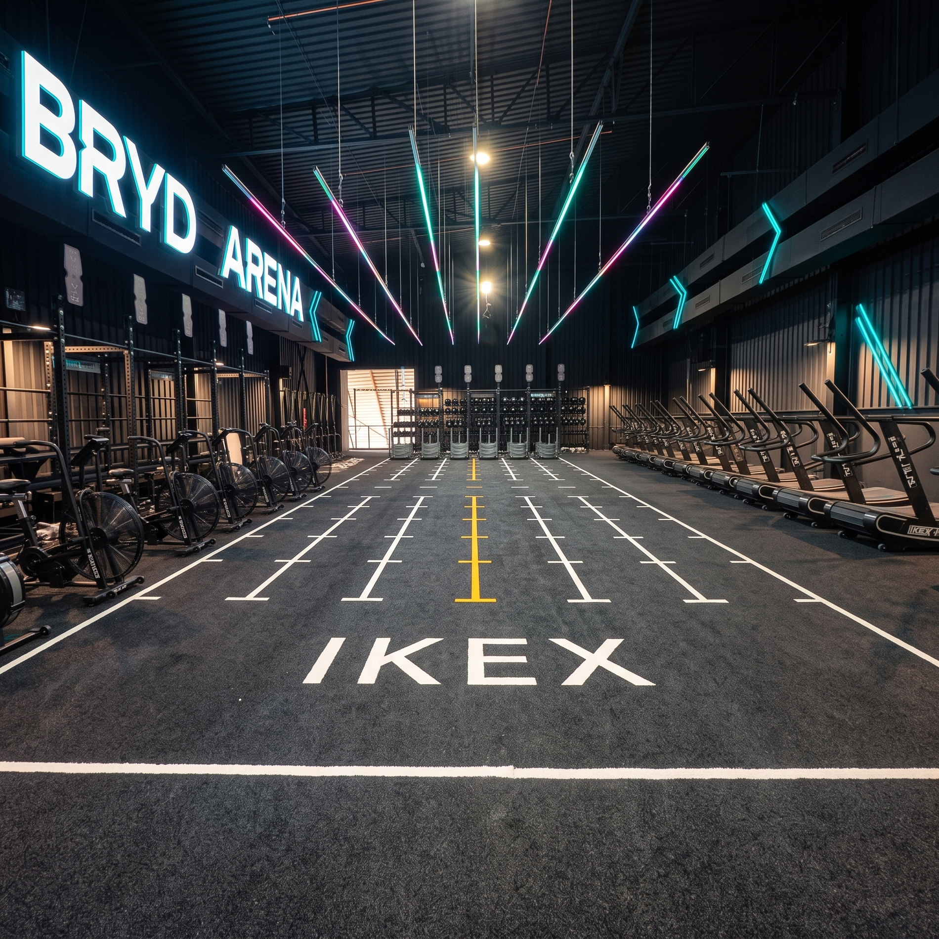 Propuesta visual de gimnasio con césped técnico negro, marcajes deportivos y logotipo IKEX