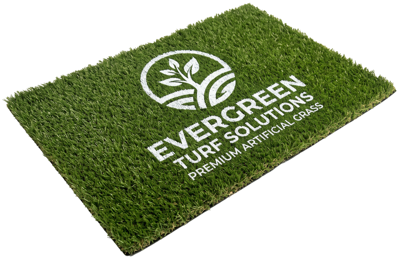 Muestra de césped verde con logotipo de referencia